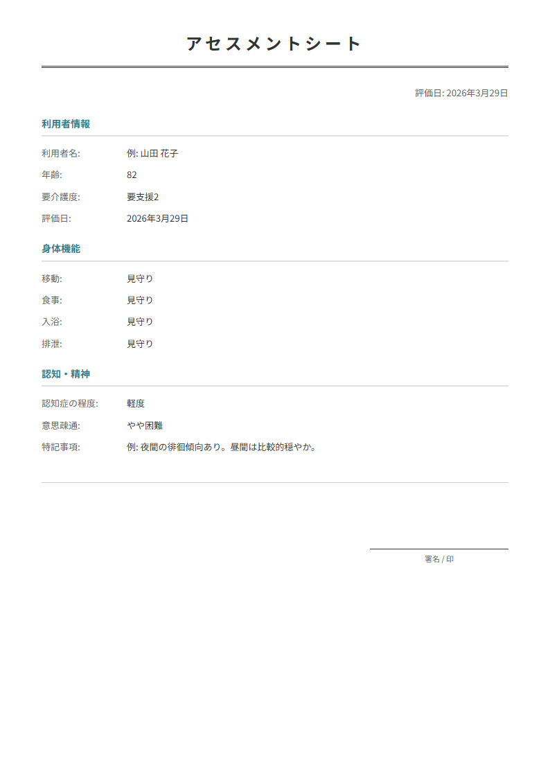 アセスメントシートテンプレート。利用者の心身状態を項目別に評価。