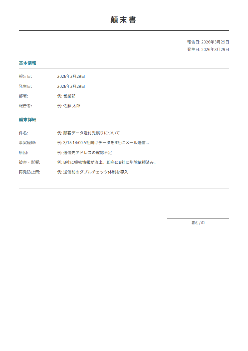 顛末書テンプレート。トラブルの経緯・原因・再発防止策を報告。