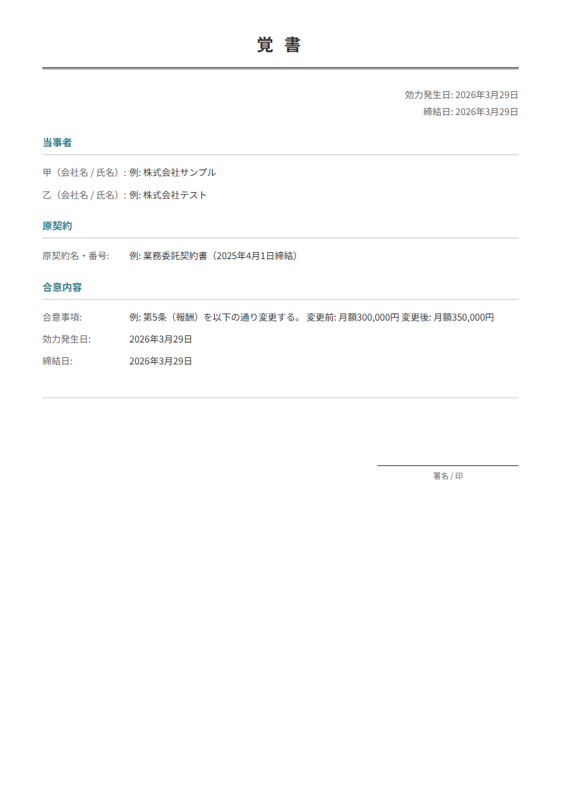 覚書・合意書テンプレート。契約変更・条件追加の合意内容を入力で正式な書面が完成。