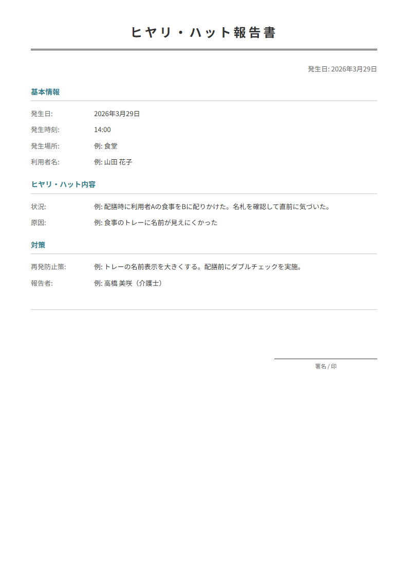 ヒヤリ・ハット報告書テンプレート。事故未遂の状況と対策を記録。