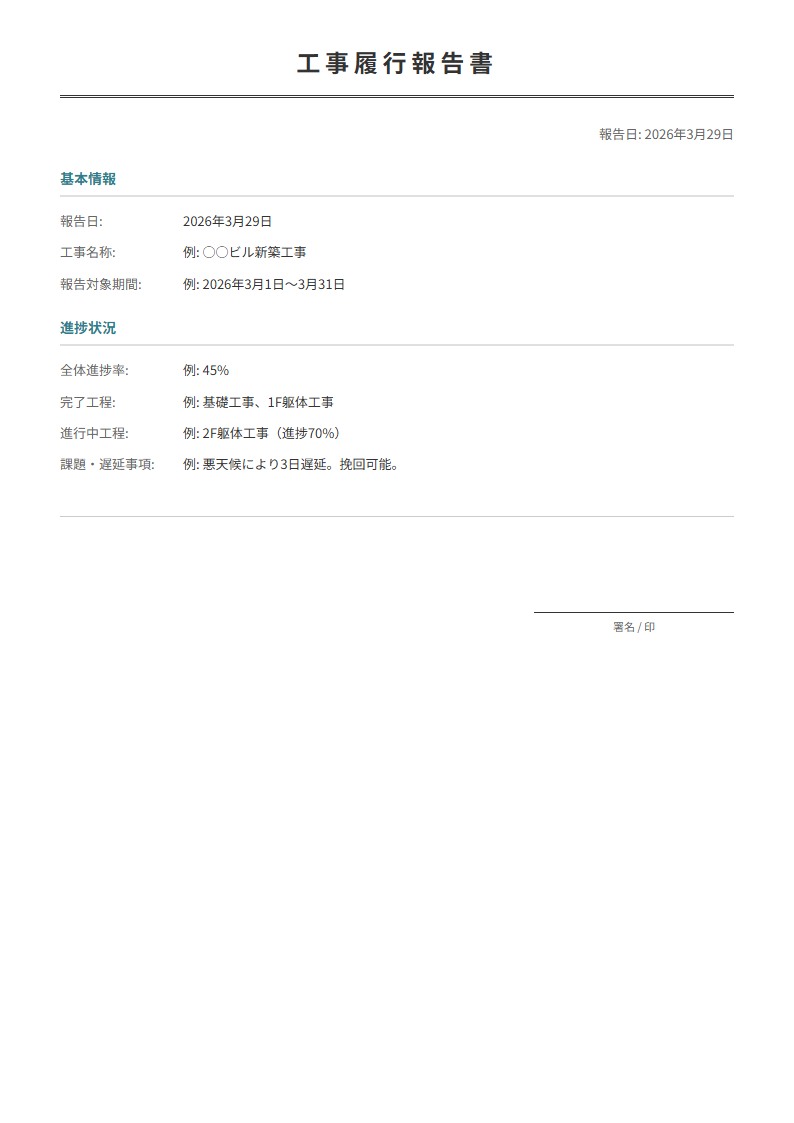 工事履行報告書テンプレート。工事の進捗状況を定期報告。