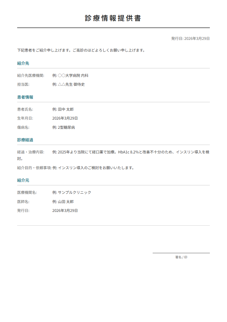 紹介状テンプレート。患者の診療情報を他院に提供。
